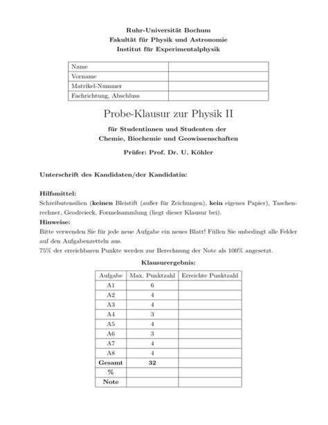 Probe Klausur Zur Physik II Ruhr