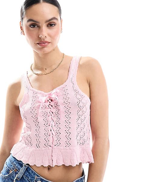 Miss Selfridge Crochet Contrast Satin Lace Up Bow Cami In Soft Pink Asos