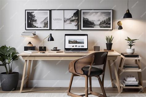 Premium Photo | Wood desk with laptop and frames