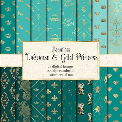 Turquoise And Gold Princess Digital Paper Seamless Teal Aqua Etsy