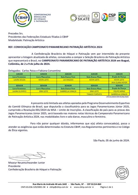 Patinação Artística Convocação da Seleção Brasileira para o