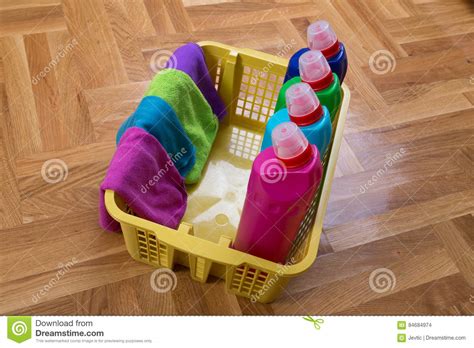 Cleaning Supplies And Equipment On Floor Stock Photo Image Of Parquet