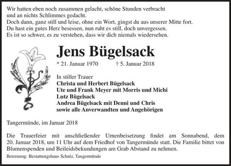 Traueranzeigen von Jens Bügelsack abschied nehmen de