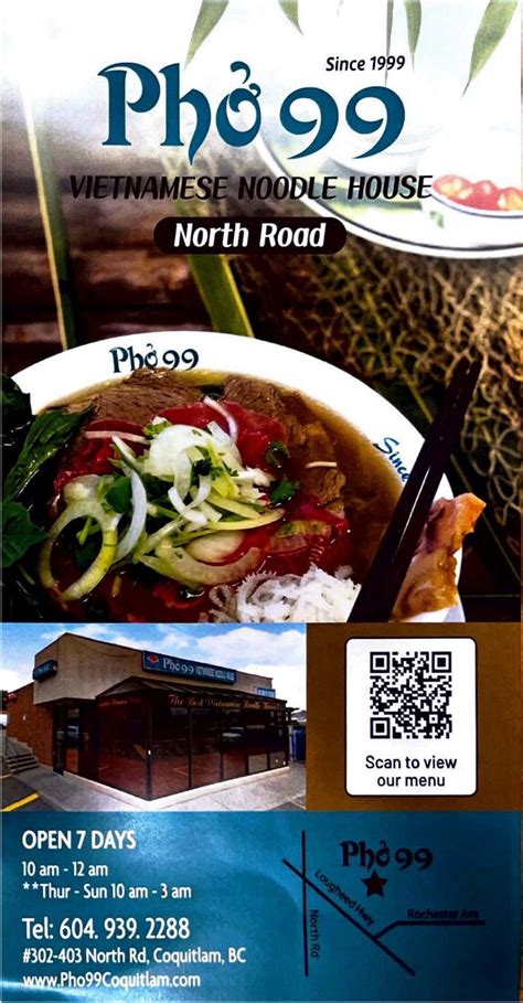 Menu Pho 99 Vietnamese Noodle House Vietnamese Restaurant Tel