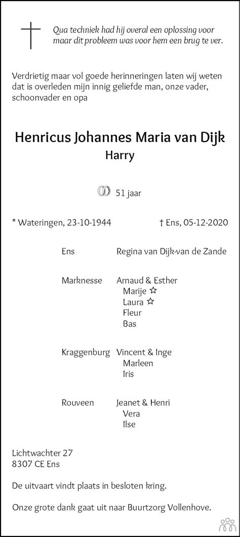 Henricus Johannes Maria Harry Van Dijk Overlijdensbericht