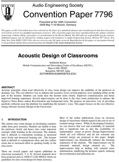 Aes E Library Acoustic Design Of Classrooms