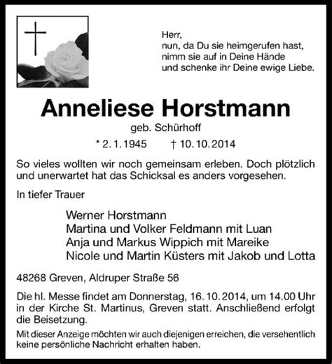 Traueranzeigen Von Anneliese Horstmann Trauer Ms