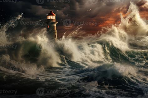 Ai Generated Ominous Sea Storm Lighthouse Generate Ai Stock