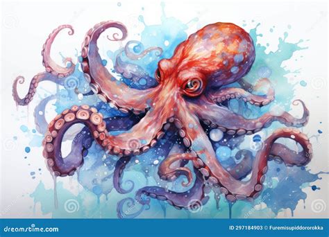 Watercolor Octopus Art Work Of An Octopus In The Ocean Stock