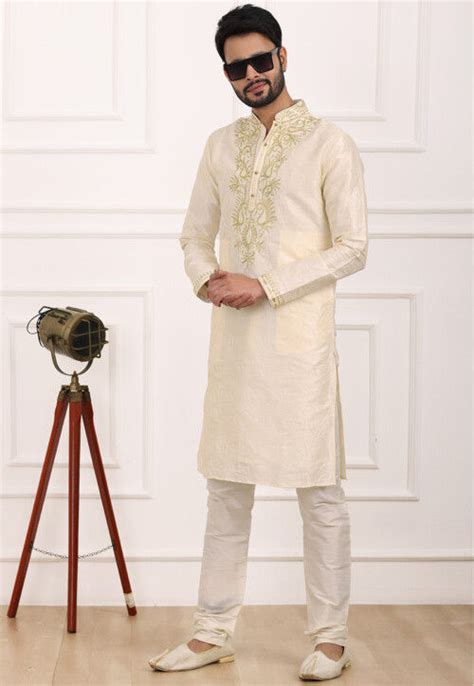 Embroidered Art Silk Kurta In Cream MLY1751