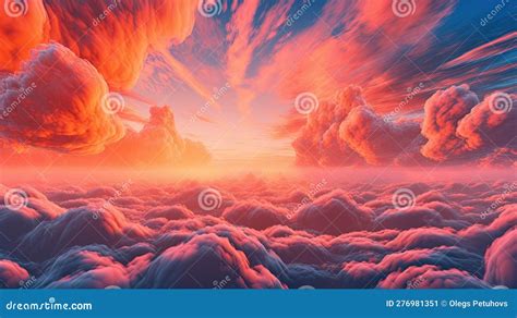 A Painting Of A Sunset Over A Large Cloud Filled Sky Stock Illustration