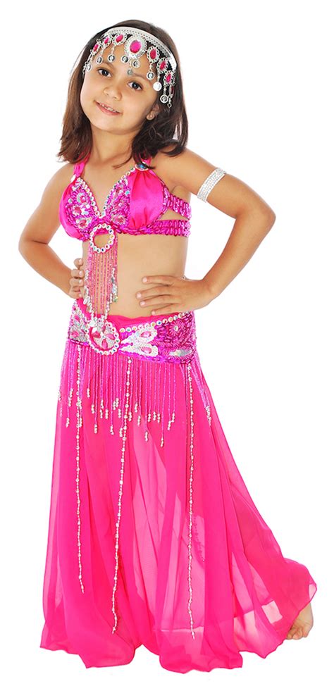 Beaded Satin Kids Fuchsia Belly Dance Costume With Sequin Butterfly Design