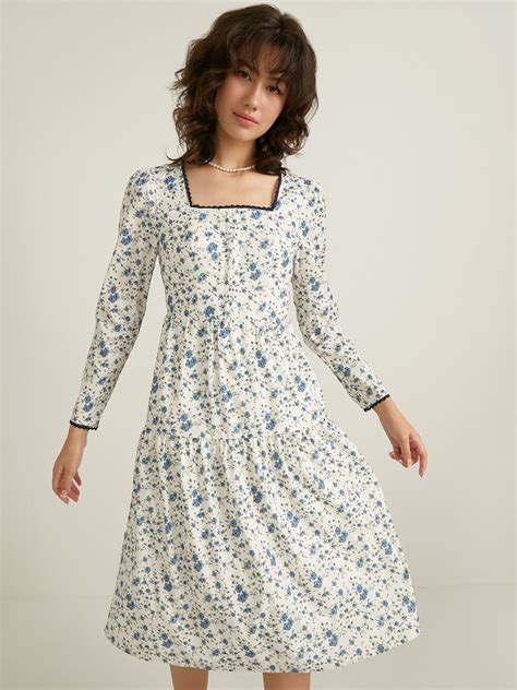 Long Sleeve Floral Midi Dress Blue Pomelo Fashion