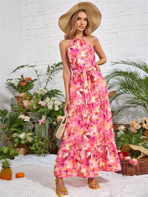 Shein Vcay Vestido De Cabresto Impress O Floral Bainha Babado