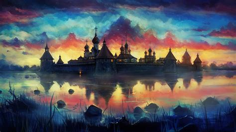 drawing, Painting, Monastery, Reflection, Clouds, Colorful Wallpapers ...