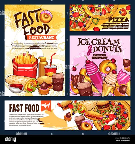 Fast Food Restaurant Posters Or Banners Vector Templates Set Of Ice