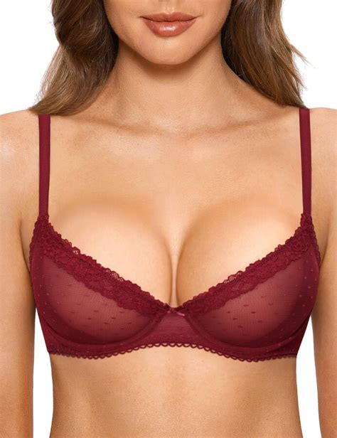 Dobreva Womens Lace Bra Balconette See Through Underwire Sheer Mesh Demi Plus Size Dark Red 38b