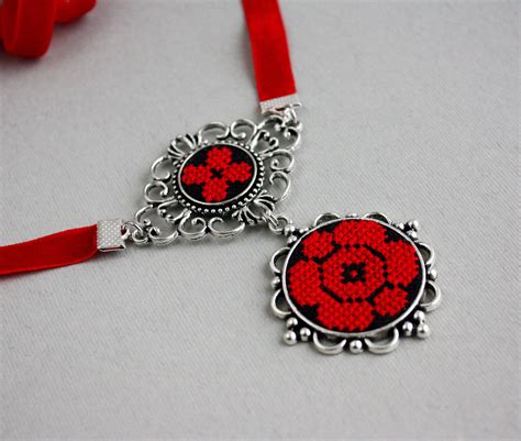 Large Choker Necklace With Filigree Pendant Red Statement Etsy