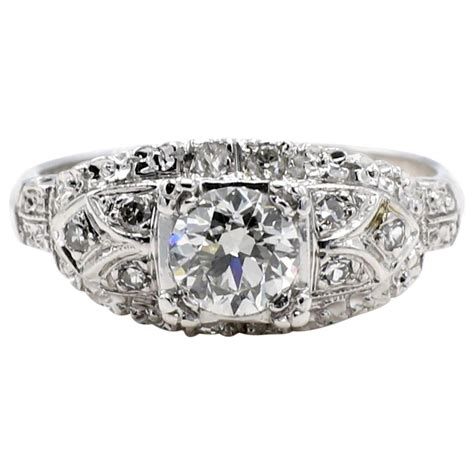 Art Deco 0 36 Carats European Cut Diamond 18 Karat White Gold