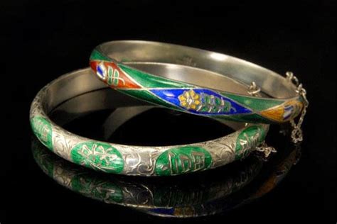 2 Vintage Thailand Symbol Enamel 925 Sterling Bangle Gem