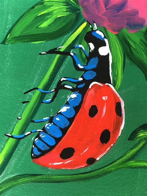 Ladybug Painting Flower Original Art Insect Artwork Acrylic Painting