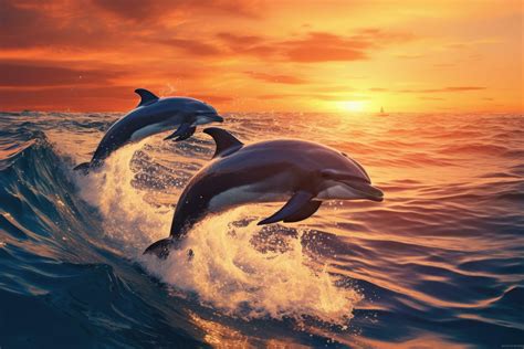 Dolphins Jumping Out Of The Water At Sunset D Rendering Dolphins