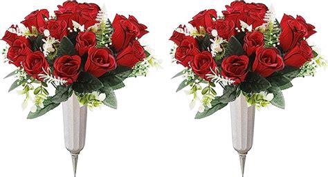 U Artlines 2Pcs Artificial Cemetery Flowers For Grave Silk Memorial