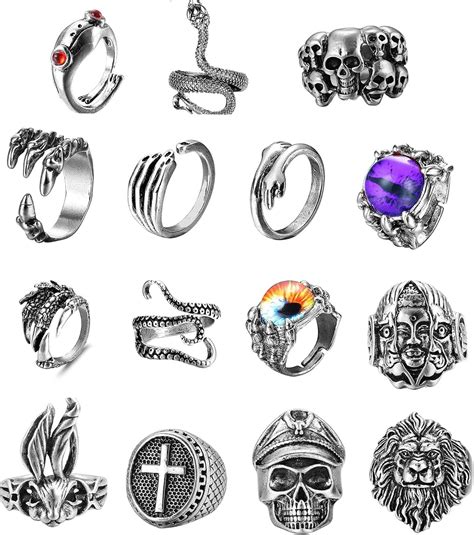 Dochais Anillos Punk Vintage Negro Plata 12 20 Piezas Anillos Góticos