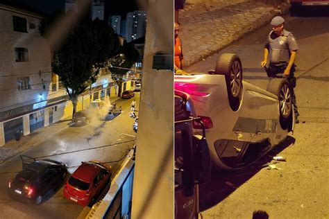 Taxista fica ferido após bater em carros estacionados e capotar veículo