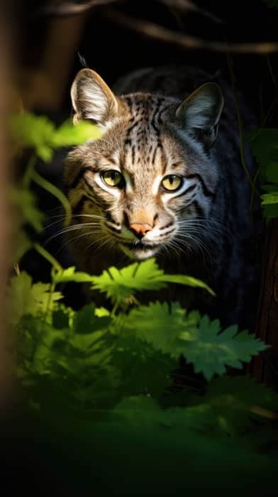 The glowing eyes of a bobcat half-hidden in dappled forest shade, its body coiled and ready to ...