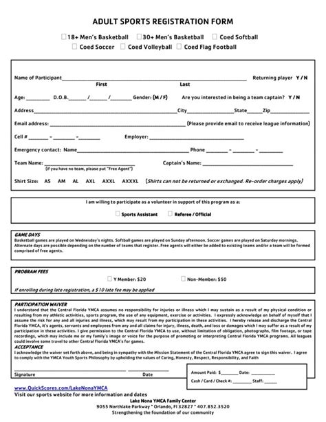 Free Printable Sports Registration Form Templates Pdf American