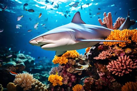 Premium AI Image | majestic shark swimming through a coral reef teeming ...