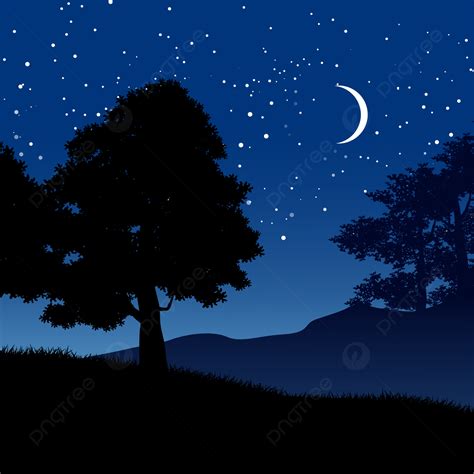 Fondo Paisaje De Noche Estrellada En Bosque Con Luna Creciente Fondo