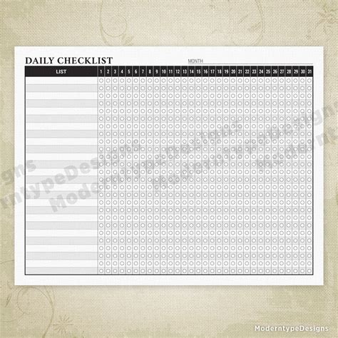 Daily Checklist Planner Printable 31 Day To Do List Monthly Organizer Personal Journal