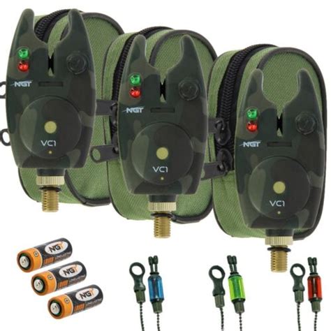 3 X Camo Bite Alarms With Bobbins Batteries And Green Case Carp Fishing