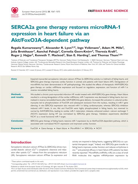 Pdf Serca A Gene Therapy Restores Microrna Expression In Heart