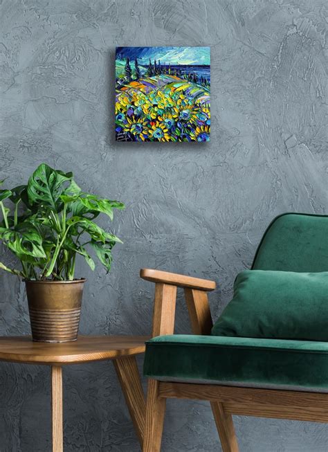 SUNFLOWERS FIELD BY THE SEA Modern Impressionist Impasto Palette Knife