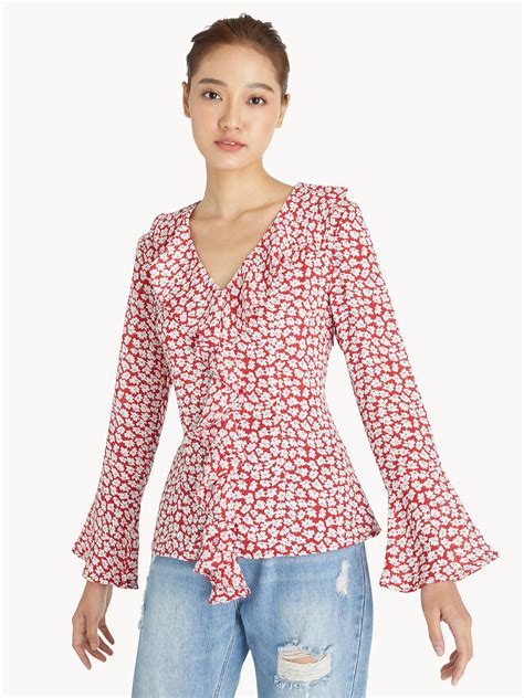 Floral Ruffled Bell Sleeve Blouse Red Pomelo Fashion