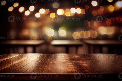 Image Of Wooden Table In Front Of Abstract Blurred Background Of