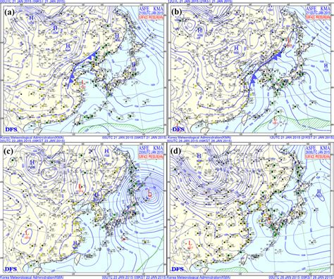 Surface weather patterns over eastern Asia at (a) 08:00 LT 21 January,... | Download Scientific ...