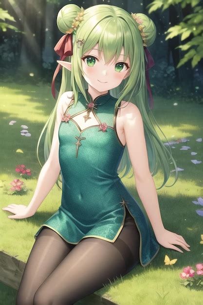 Premium Ai Image Anime Girl In Green Dress Sitting On The Grass