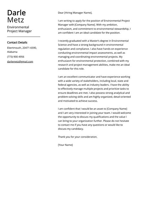 Environmental Project Manager Cover Letter Example For