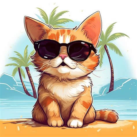 Premium Photo Cute Illustration Of A Cat On Vacation On The Beach