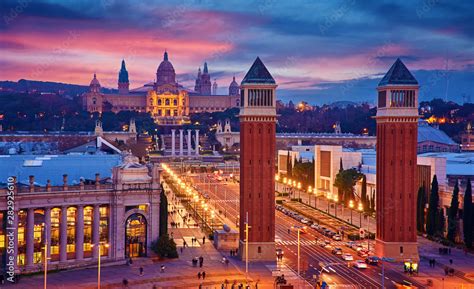 Barcelona, Spain. Nighttime top view at Spanish Square with tower and ...