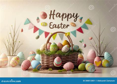 Easter Poster And Banner With Easter Eggs In Wicker Basket In Pastel