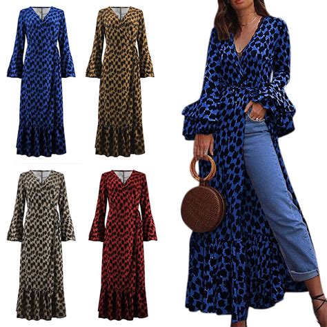 Buy Lady Elegant Flare Sleeve Bodycon Big Swing Midi Dress Sexy Leopard