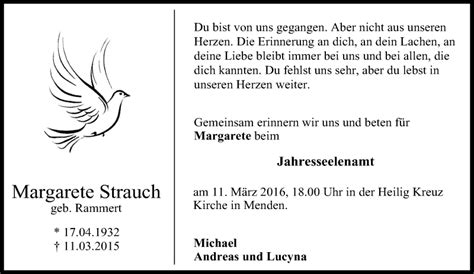 Traueranzeigen Von Margarete Strauch Trauer In NRW De