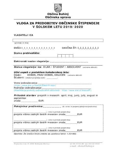 Fillable Online VLOGA ZA PRIDOBITEV OBINSKE TIPENDIJE V Fax Email