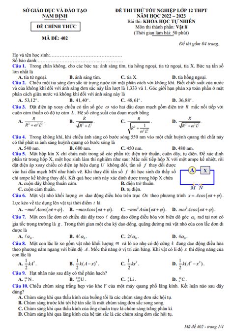 Đề Thi Thử Tốt Nghiệp Thpt 2023 Môn Vật Lí Sở GdandĐt Nam Định