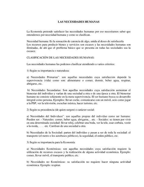 Clasificación de los bienes LAS NECESIDADES HUMANAS La Economía